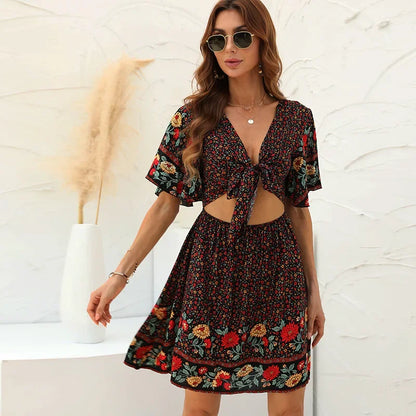 Floral Print Rayon Cotton Deep V-neck Hollow Out Mini Boho Dress
