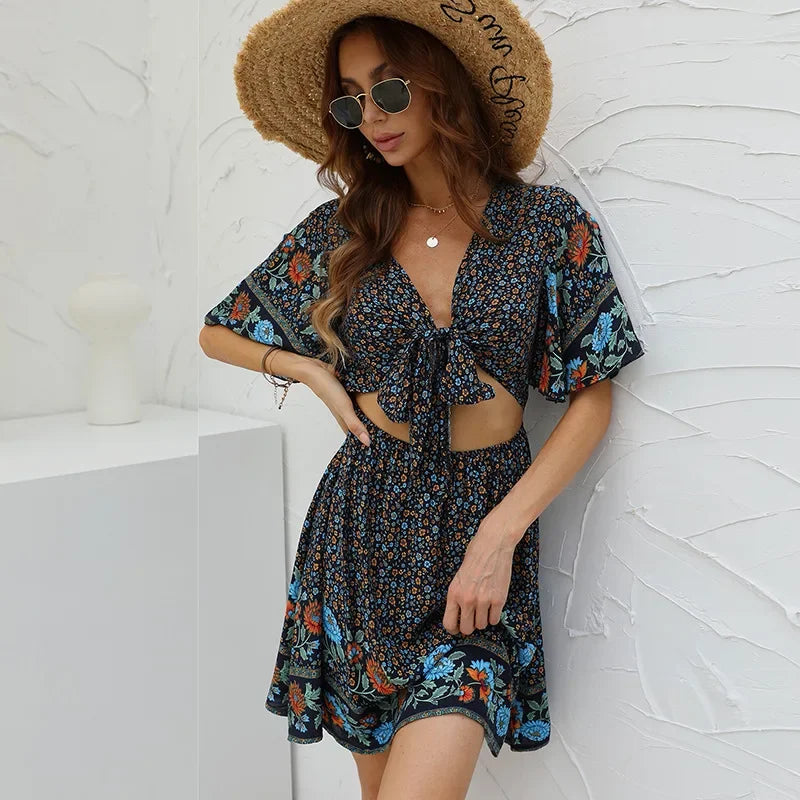 Floral Print Rayon Cotton Deep V-neck Hollow Out Mini Boho Dress