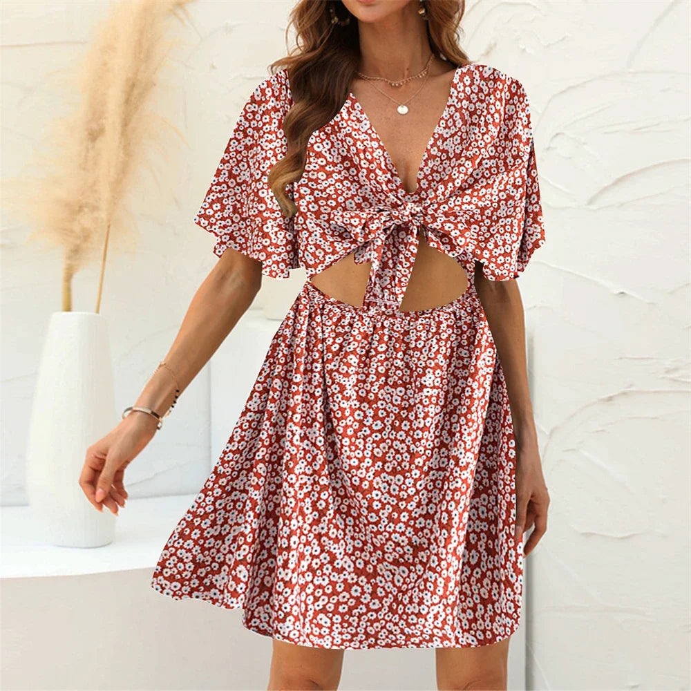 Floral Print Rayon Deep Bow Neck Short Sleeve Sexy Hollow Out Mini Boho Dress