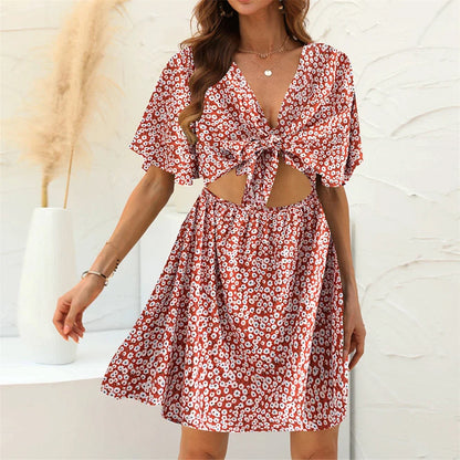 Floral Print Rayon Deep Bow Neck Short Sleeve Sexy Hollow Out Mini Boho Dress