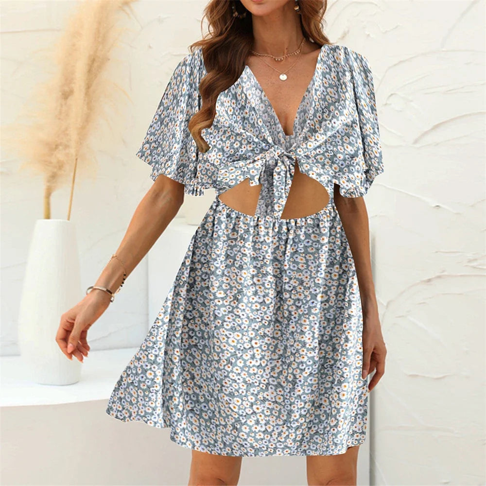 Floral Print Rayon Deep Bow Neck Short Sleeve Sexy Hollow Out Mini Boho Dress