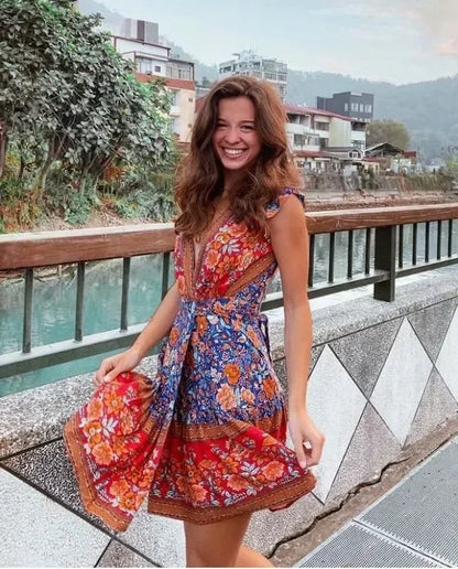 Floral Print Rayon Wrap Short Sleeve Sexy Vacation Mini Boho Dress