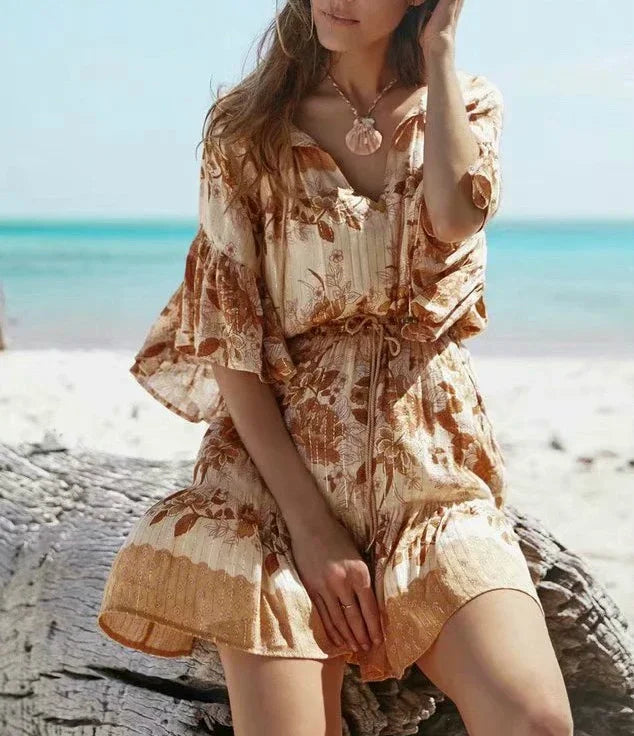 Floral Print Sashes Elastic Waist Flare Sleeve Mini Boho Dress