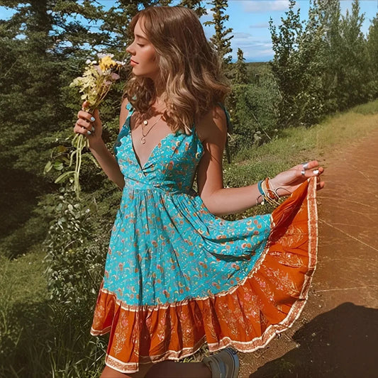 Sexy Deep V-neck Sleeveless Strapless Mini Boho Dress