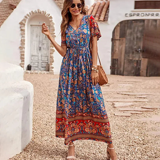 Floral Short Sleeve Beach Boho Dress
