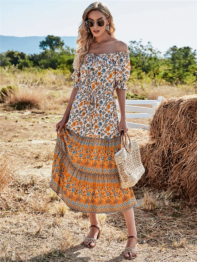 Floral Print Short Sleeve Off Shoulder Maxi Boho Dress