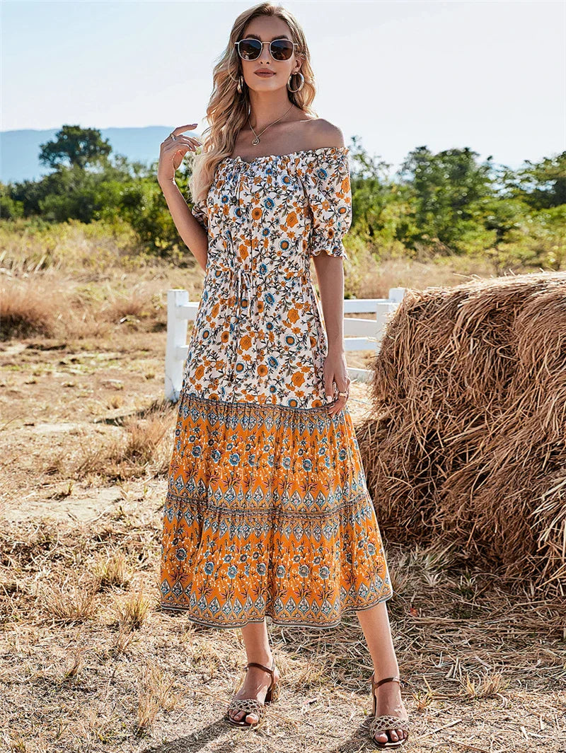 Floral Print Short Sleeve Off Shoulder Maxi Boho Dress