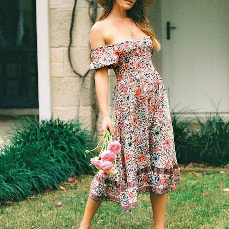 Floral Print Short Sleeve Sexy Off Shoulder Midi Boho Dress
