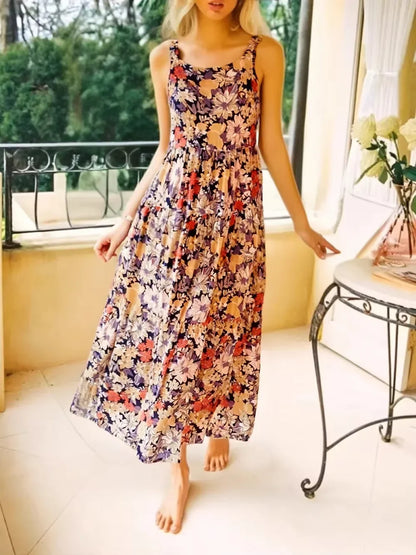 Floral Print Sleeveless Backless Rayon Vacation Maxi Boho Dress