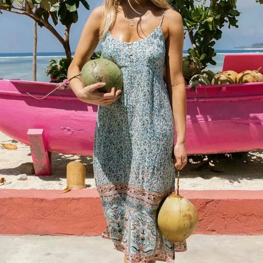 Floral Print Sleeveless Strap Rayon Cotton Midi Boho Dress