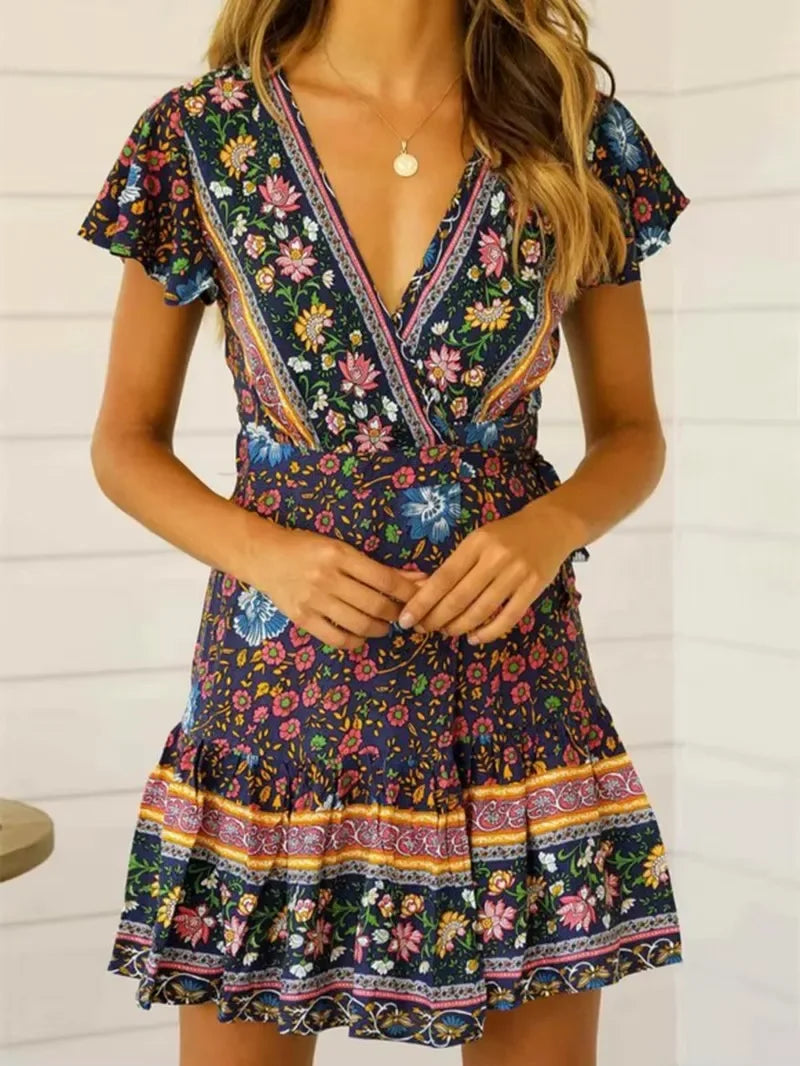 Green Floral Deep V-neck Boho Sundress