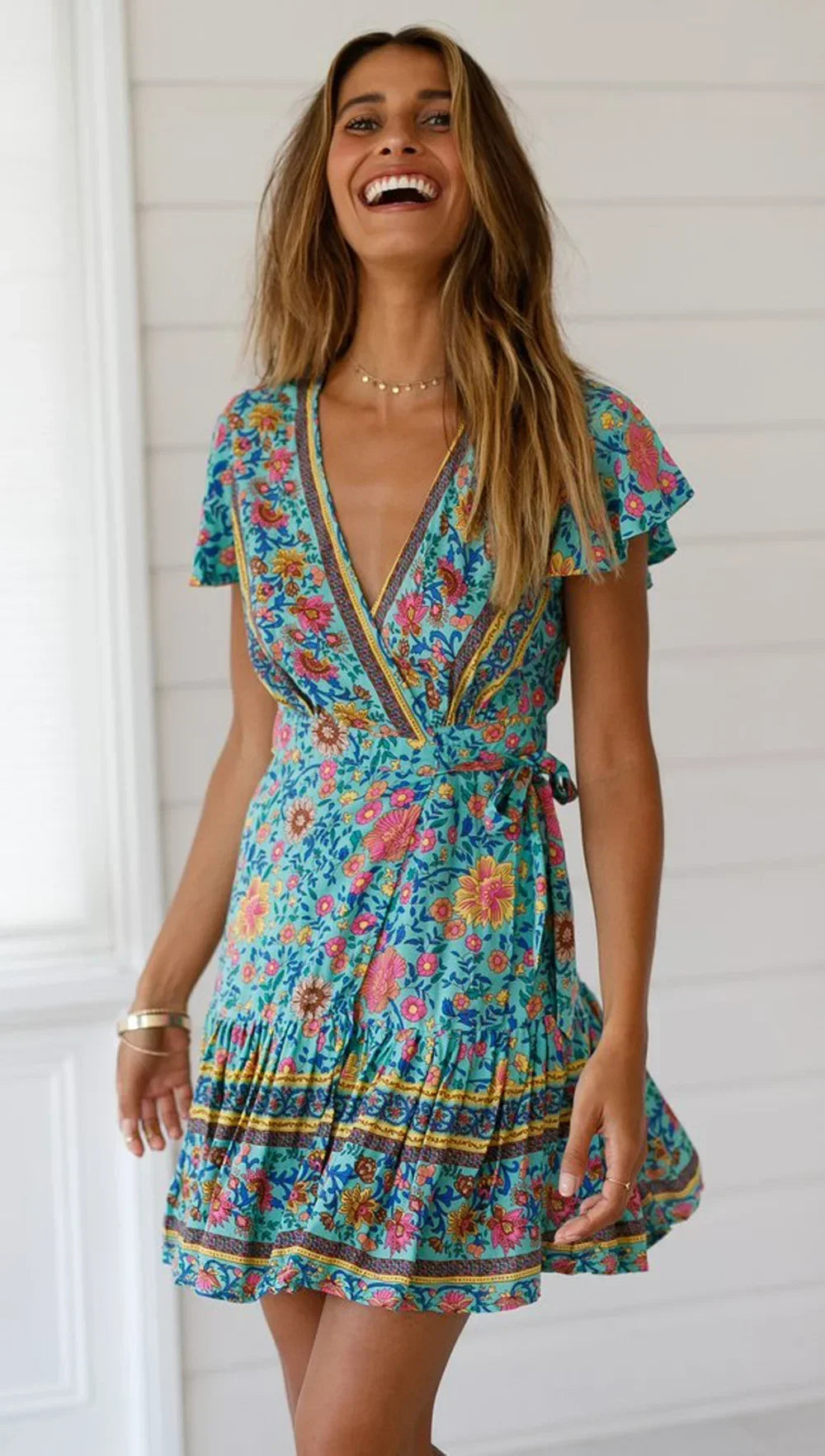 Green Floral Deep V-neck Boho Sundress