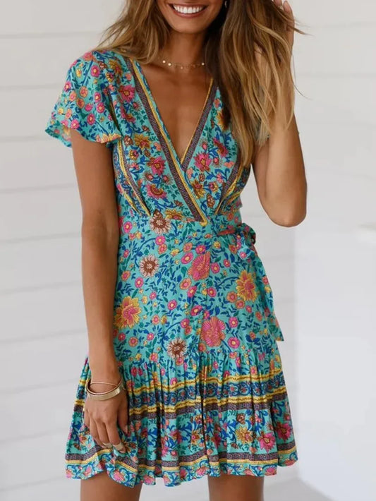 Green Floral Deep V-neck Boho Sundress