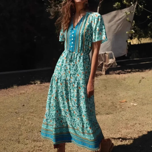 Green Floral Ruffles Sleeve Boho Dress
