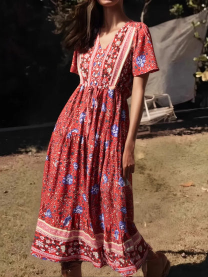 Green Floral Print Ruffles Sleeve Tassel V-neck Rayon Maxi Boho Dress