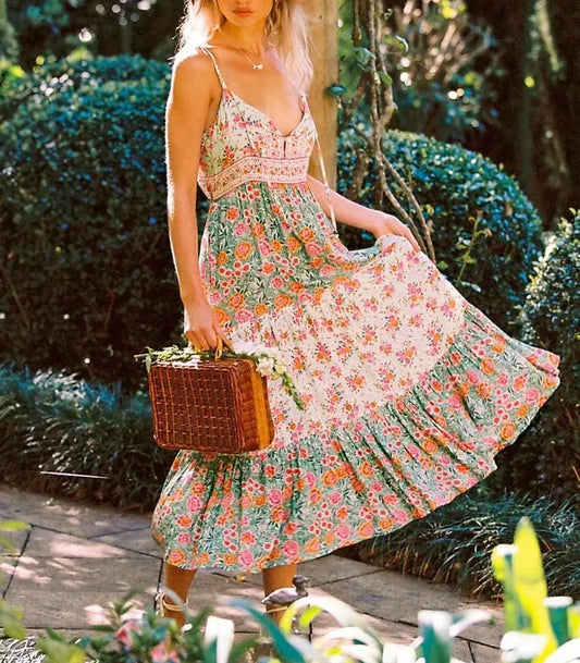 Green Floral Sleeveless Rayon Maxi Boho Dress