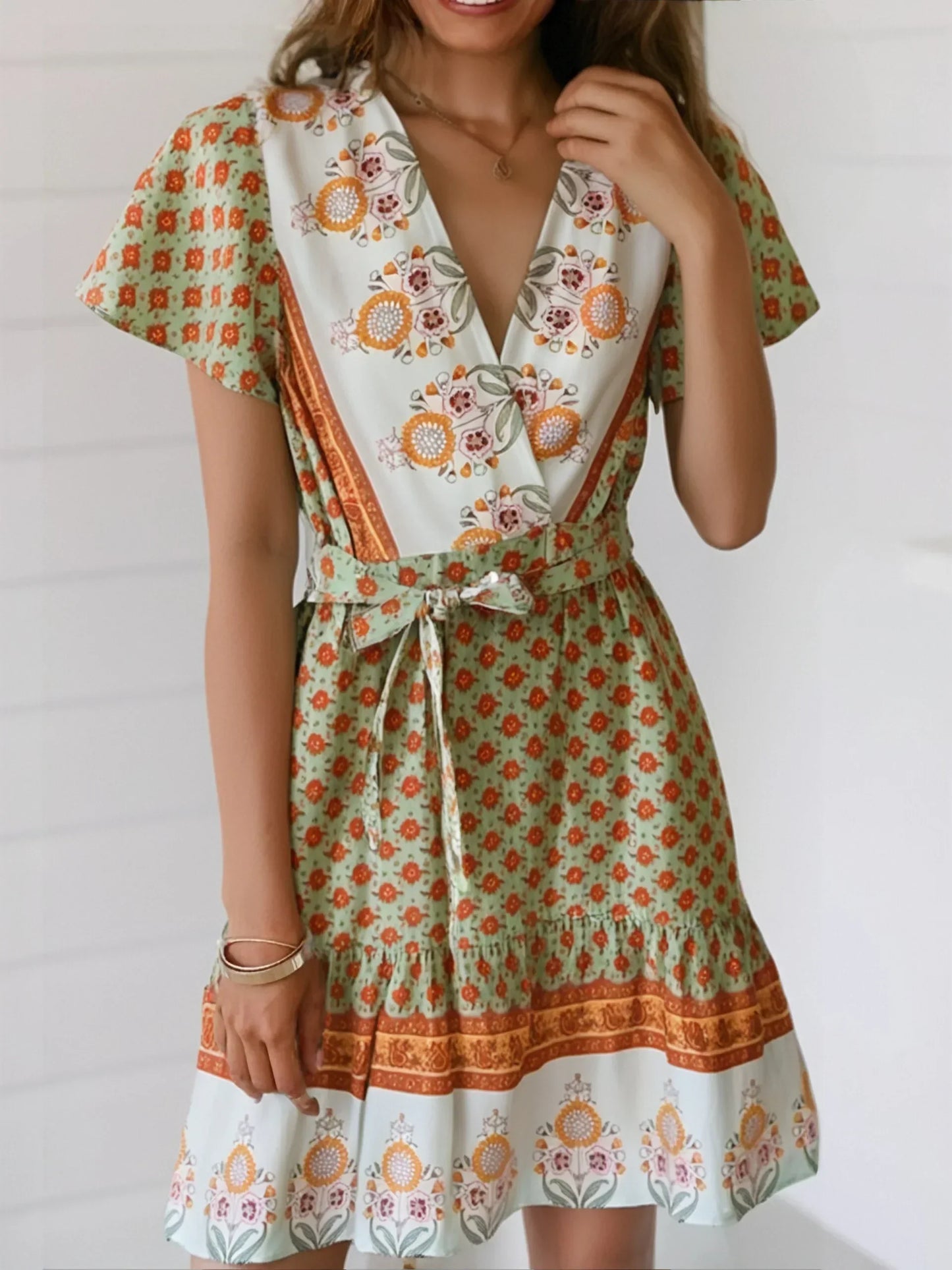 Green Floral Print Wrap Short Sleeve Vacation Mini Boho Dress