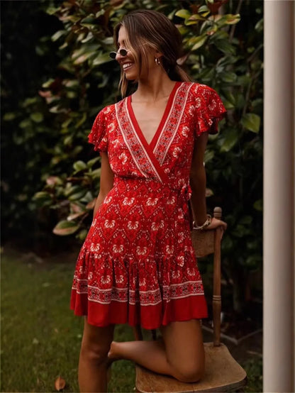 Hippie Floral Print Sashes Boho Dress