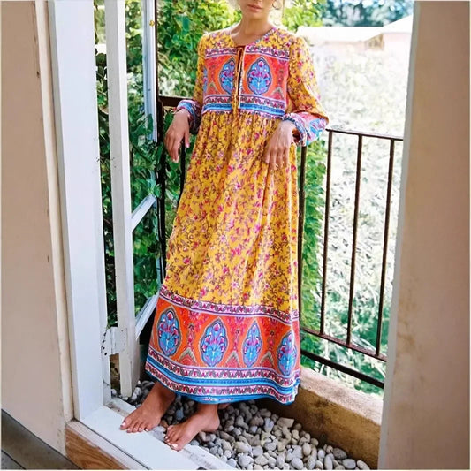 Long Sleeve Tie Neck Ethnic Yellow Floral Print Cotton Maxi Boho Dress