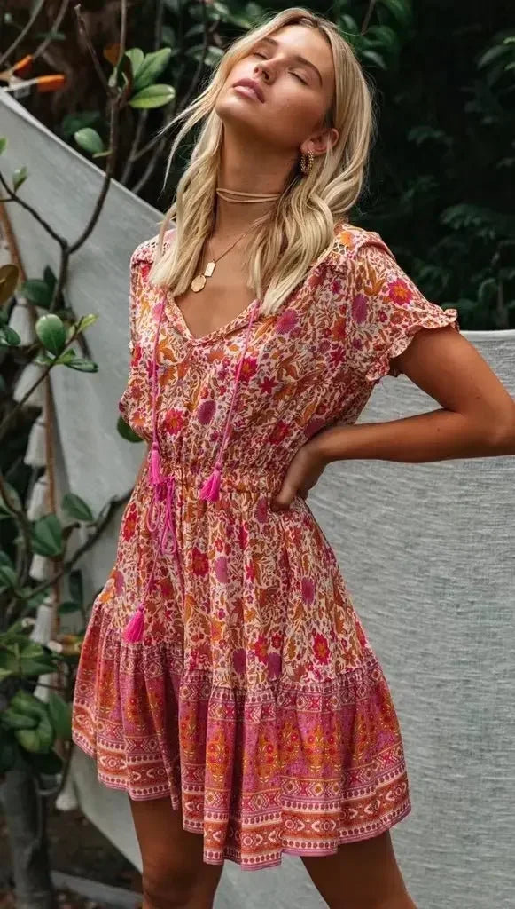 Multi Floral Print V-neck Half Sleeve Loose Mini Boho Dress