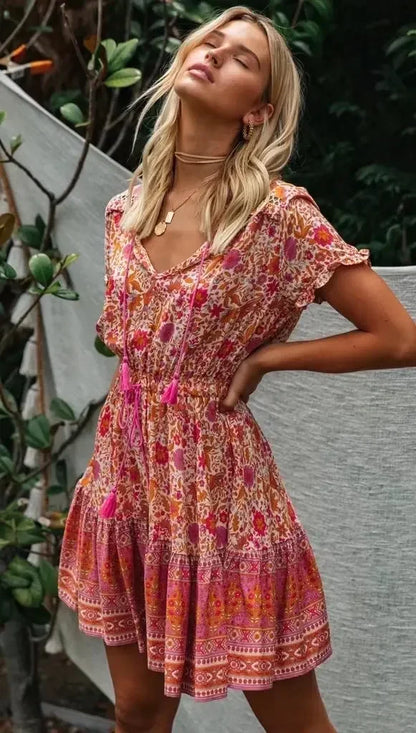 Multi Floral Print V-neck Half Sleeve Loose Mini Boho Dress