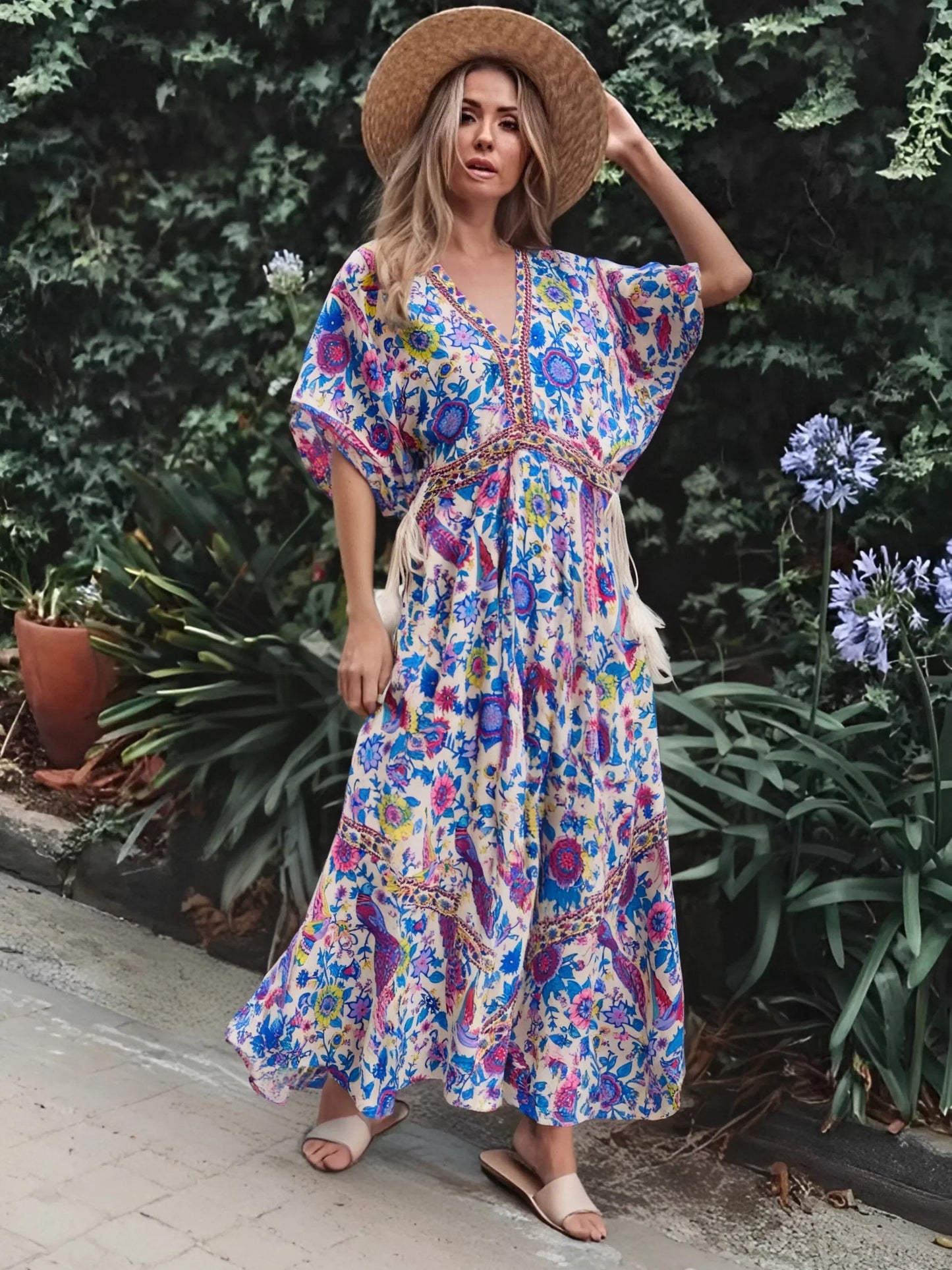 Peacock Floral Print V-neck Tassel Rayon Vacation Boho Dress