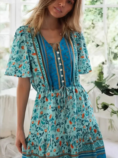 Pink Floral Short Sleeve Loose V-neck Mini Boho Dress
