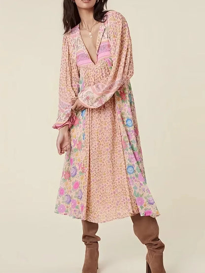Pink Floral Square Collar Short Sleeve Boho Dress