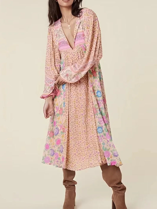 Pink Floral Square Collar Short Sleeve Boho Dress