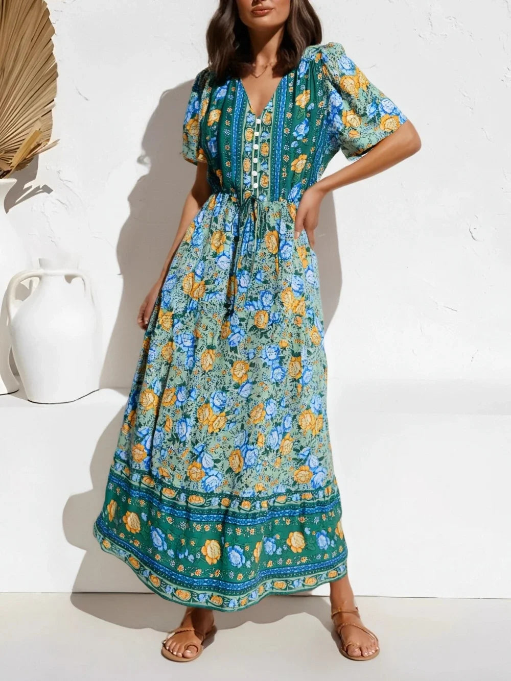 Purple Floral Print Button V-neck Pleated Rayon Vacation Maxi Boho Dress