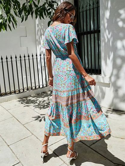 Red Floral Print Bat Sleeve Tassel V-neck Summer Boho Dress