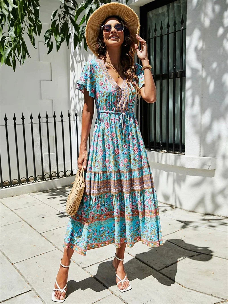 Red Floral Print Bat Sleeve Tassel V-neck Summer Boho Dress