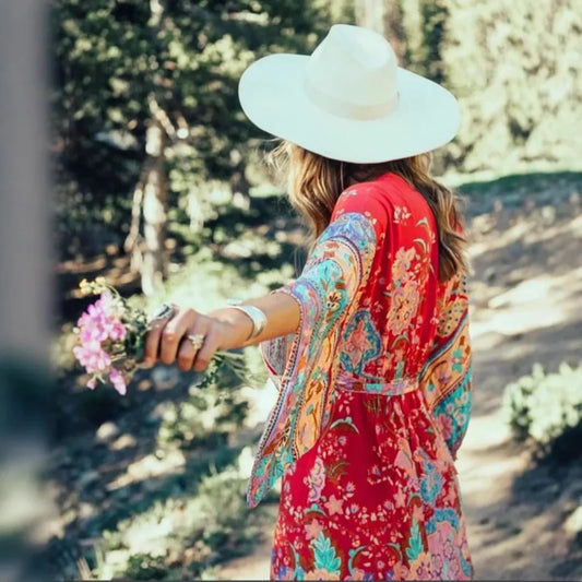 Red Floral Bat Sleeve V-neck Kimono Cover-up Boho Dress