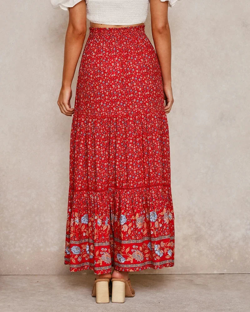 Red Floral Print Beach Bohemian High Waist Rayon Skirt