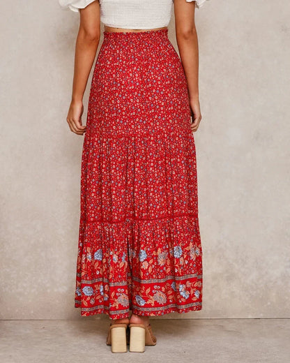 Red Floral Print Beach Bohemian High Waist Rayon Skirt