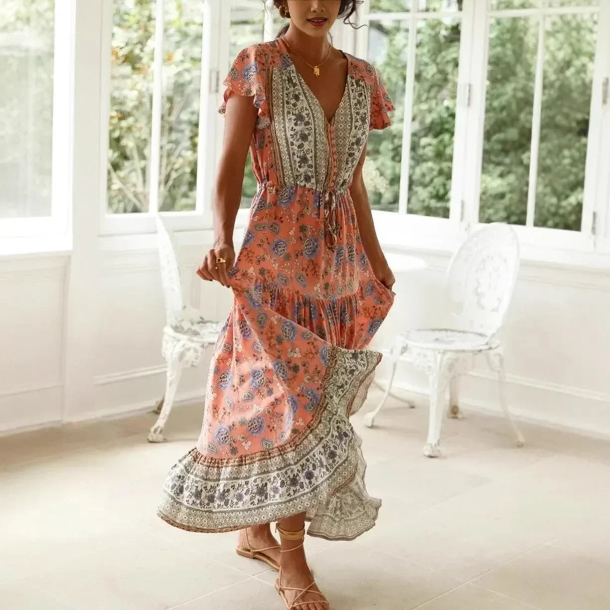 Sexy High Split Flare Sleeve Rayon Cotton Boho Dress
