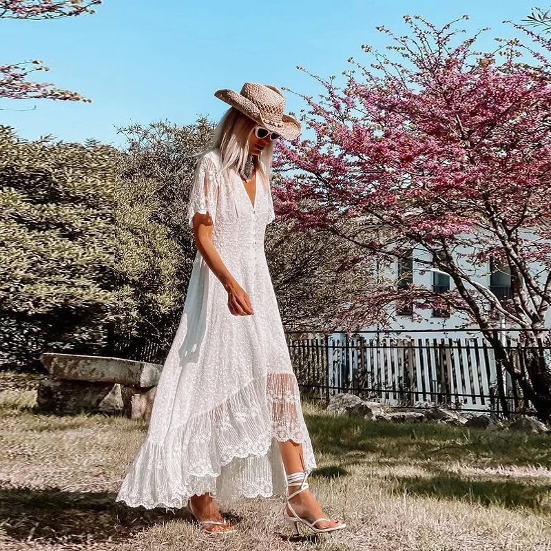 Solid Floral Short Sleeve Boho Dress