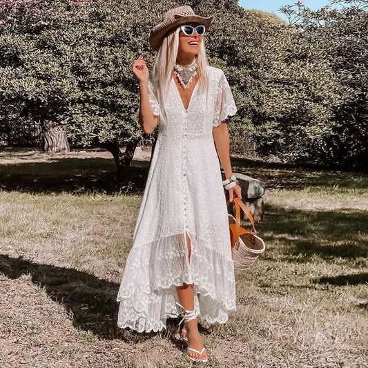 Solid Floral Short Sleeve Boho Dress