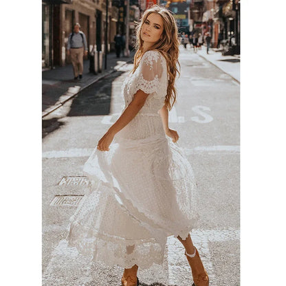 Solid Lace Short Sleeve V-neck Maxi Boho Dress