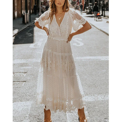 Solid Lace Short Sleeve V-neck Maxi Boho Dress