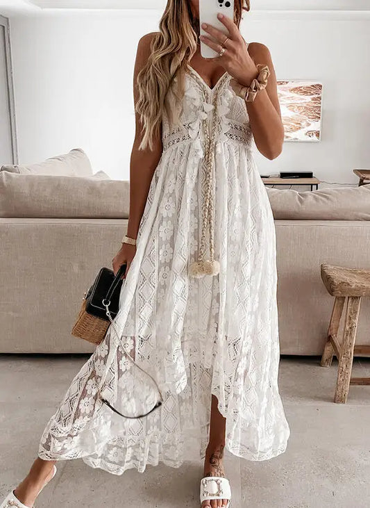 Strap Sleeveless Deep V-neck Tassel Lace Maxi White Boho Dress