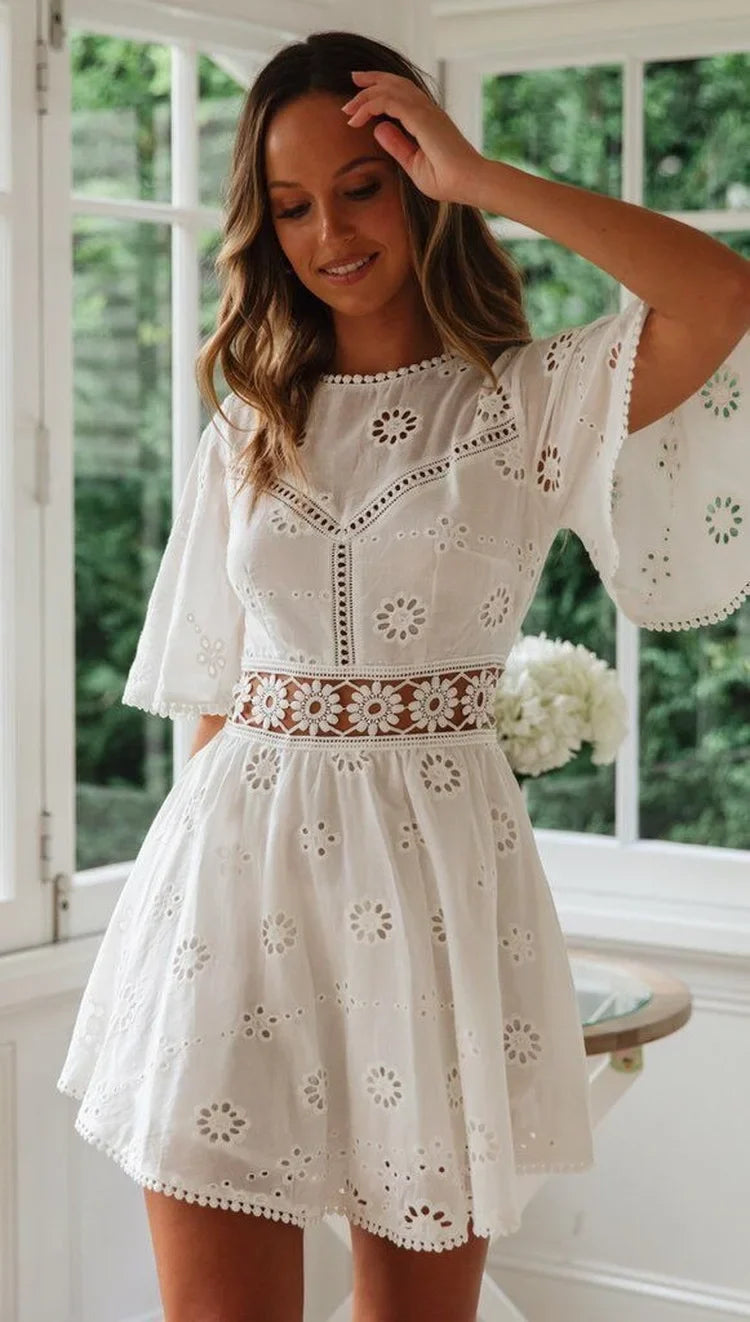 White Cotton Half Sleeve Sexy Backless Hollow Out Mini Boho Dress