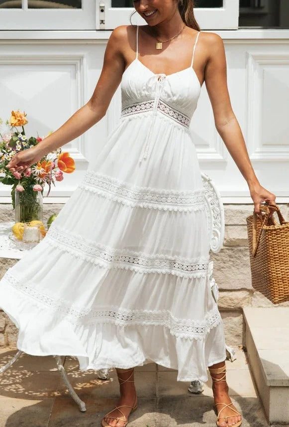 White Hollow Out Strapless Split Sleeveless Maxi Boho Dress