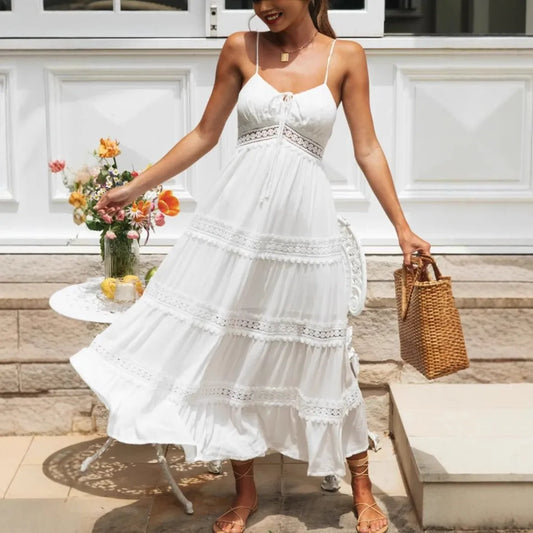 White Hollow Out Strapless Split Sleeveless Maxi Boho Dress