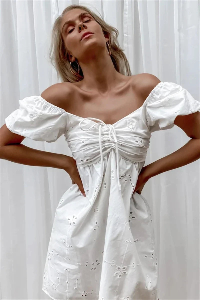 White Lace Embroidery V-neck Cotton Wrist Mini Boho Dress