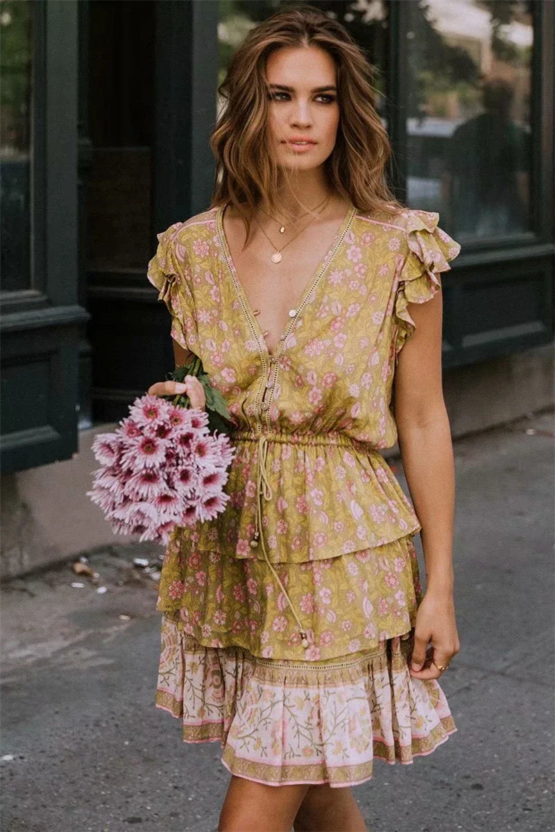 Yellow Floral Print V-neck Lace Tassel Summer Mini Boho Sundress