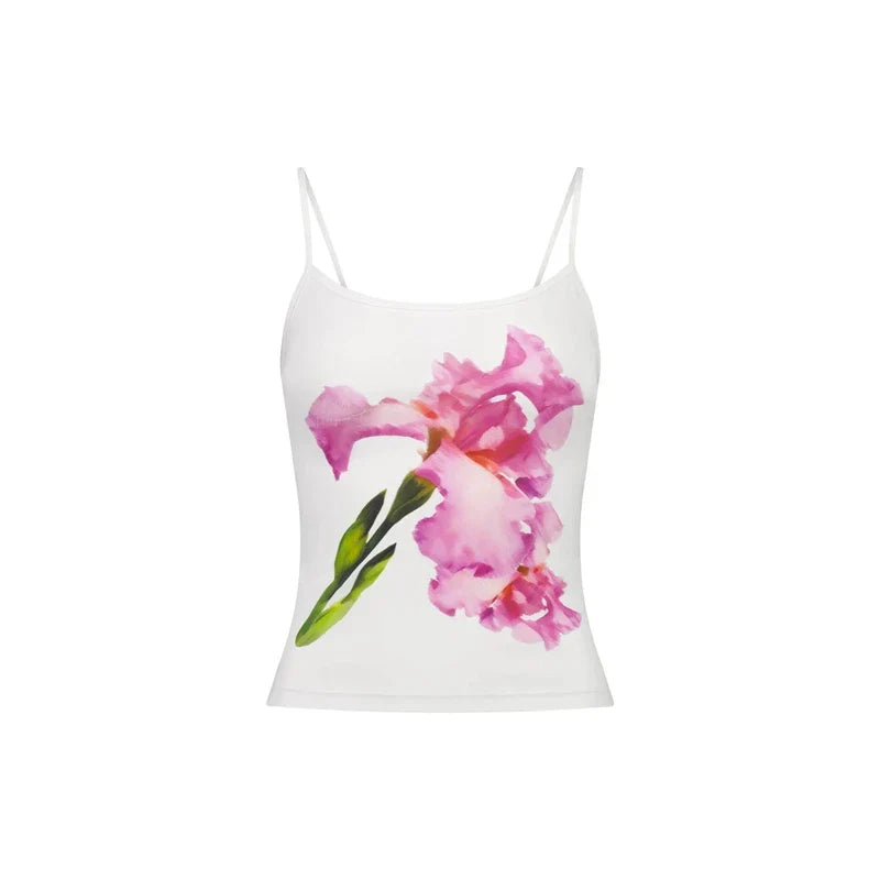 Harajuku Graphic Print Mesh Sheer Backless Aesthetic Spaghetti Strap Crop Top