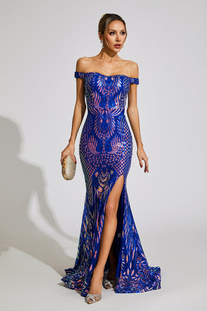 Harriet Blue Off Shoulder Sequin Dress
