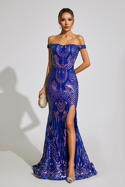 Harriet Blue Off Shoulder Sequin Dress