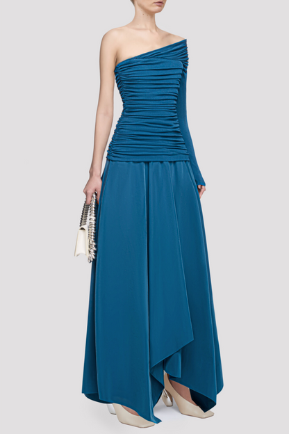 Harsian One Shoulder Draped Bustier Maxi Dress - Blue